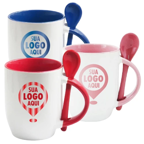 Caneca de Porcelana com Colher 325ML Personalizada Branca com Interior e Alça Colorido