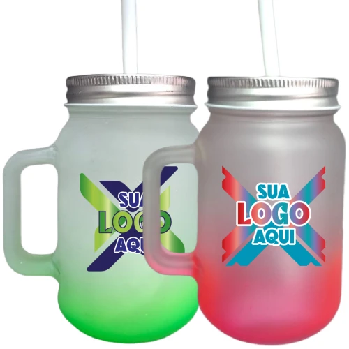 Caneca de Vidro Mason Jar 450ML Personalizada Jateada Degradê 