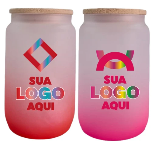 Copo de Vidro Degradê 400ML Personalizado Tampa Bambu e Canudo