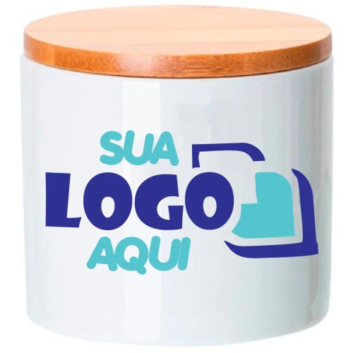 Pote Cerâmica Branco 400ML Personalizado Tampa Bambu