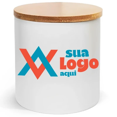 Pote Cerâmica Branco 900ML Personalizado Tampa Bambu