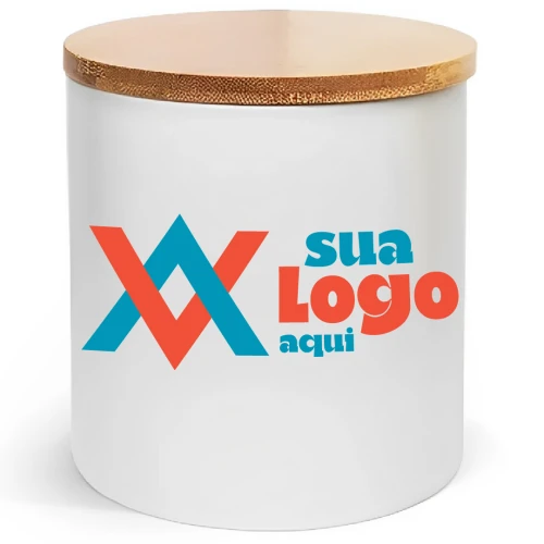 Pote Cerâmica Branco 900ML Personalizado Tampa Bambu